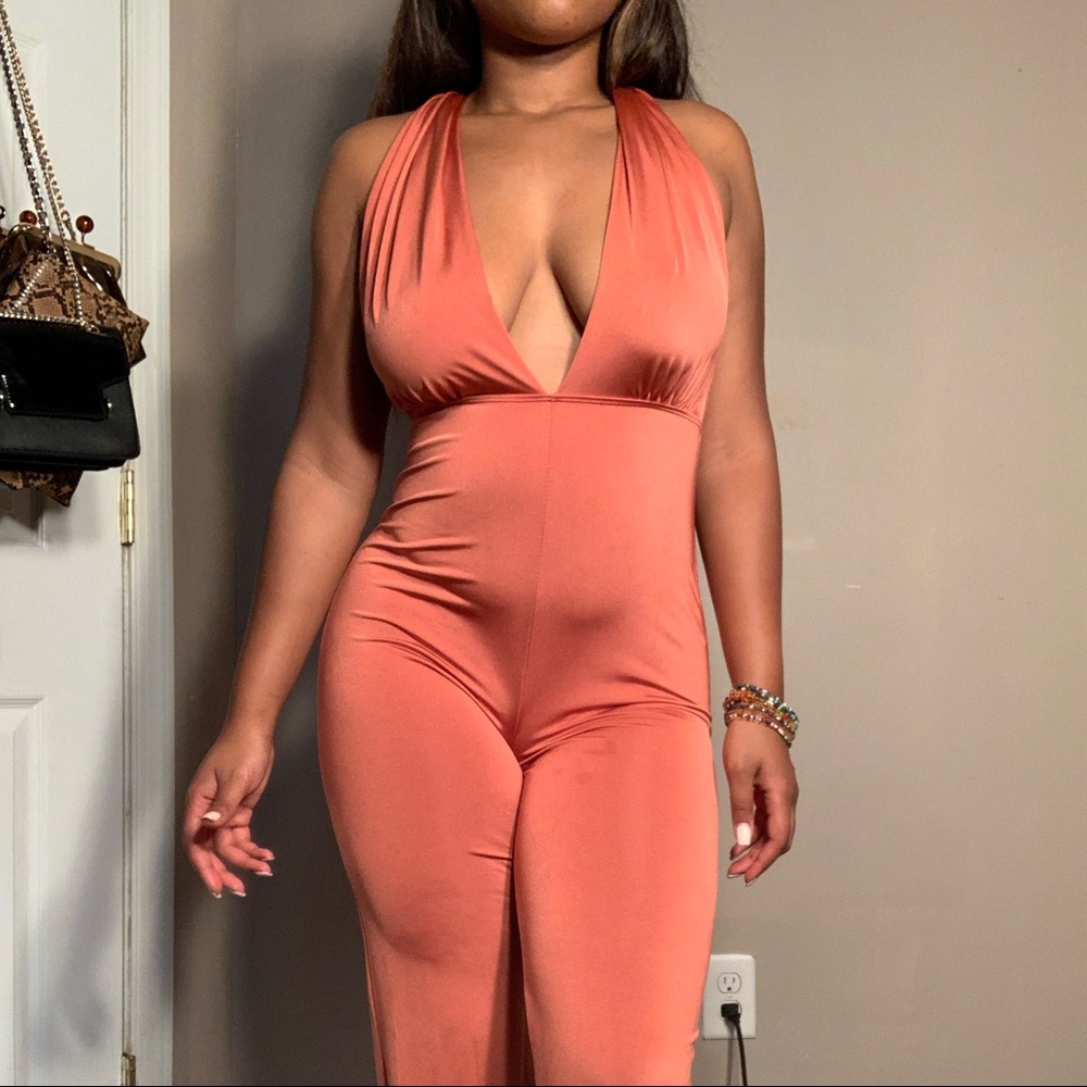 Rustic orange plunge jumpsuit